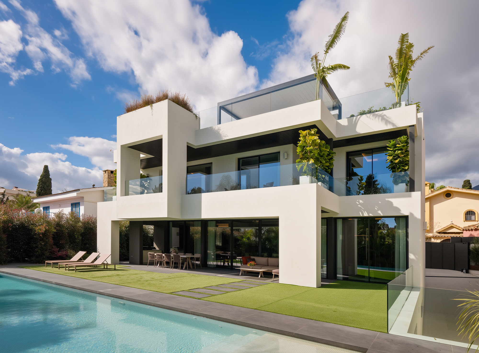Southeast angle revealing facade composition and rooftop greenery