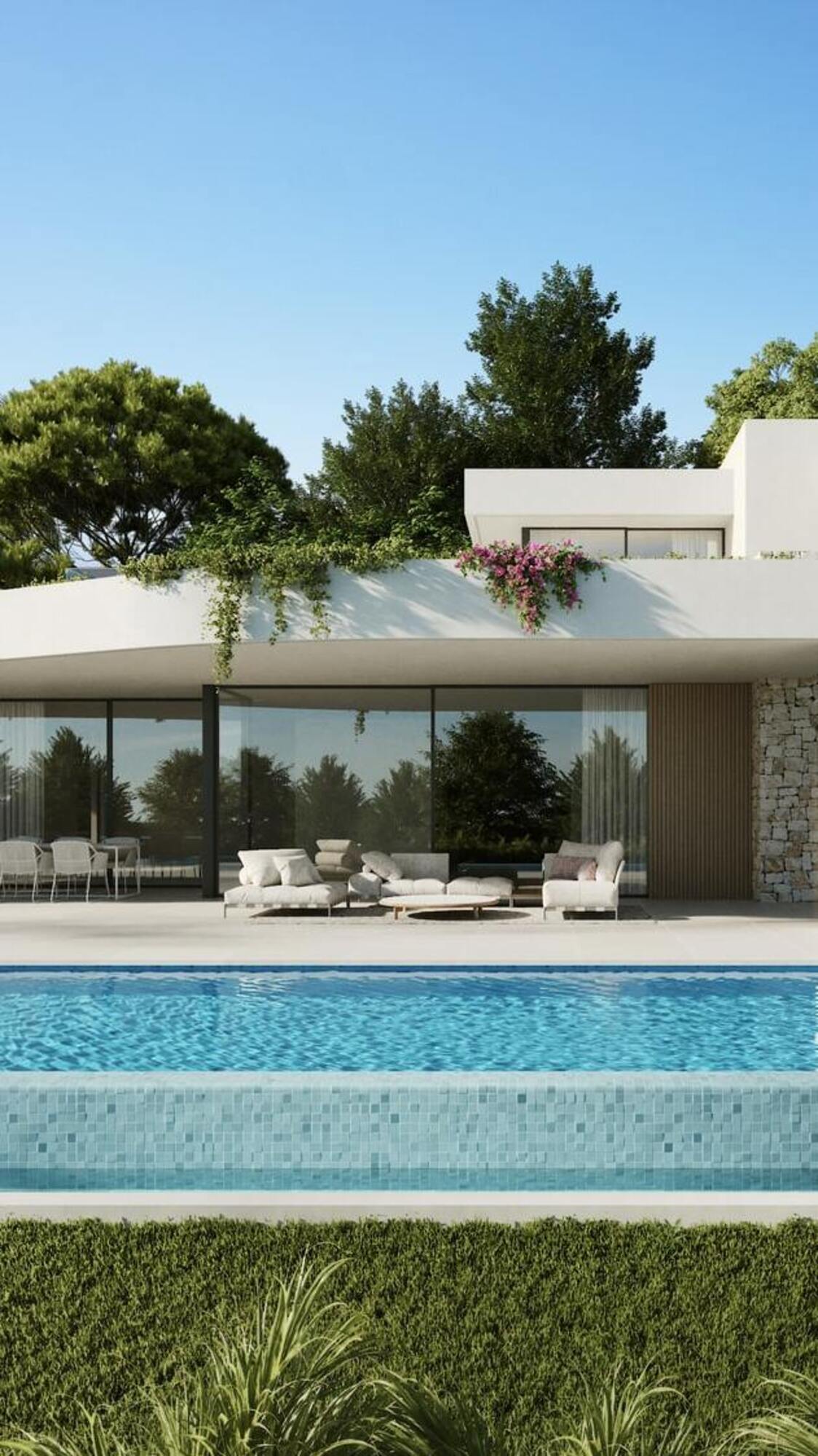 Minimalist garden design with palm trees and large lawn