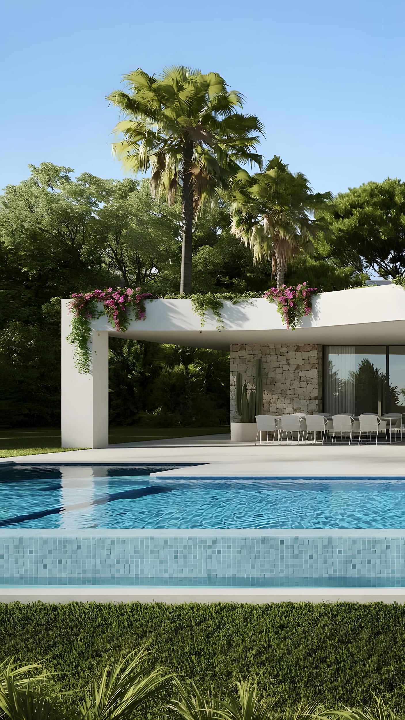 Upper-level terraces with glass balustrades and planters