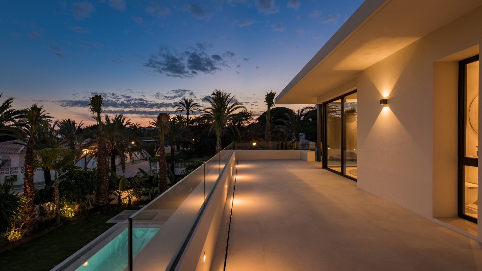 Longitudinal view of pool and linear garden layout