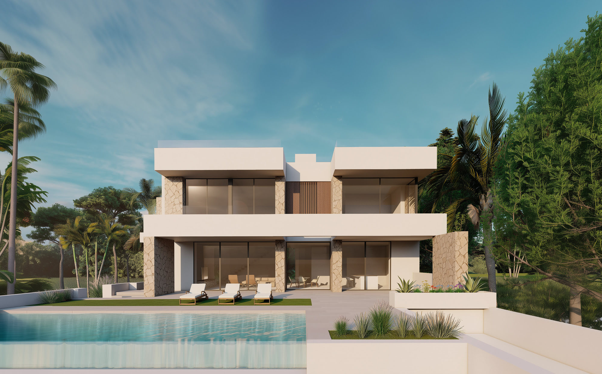 TEJON – symmetrical white villa with stone textures and palm surroundings