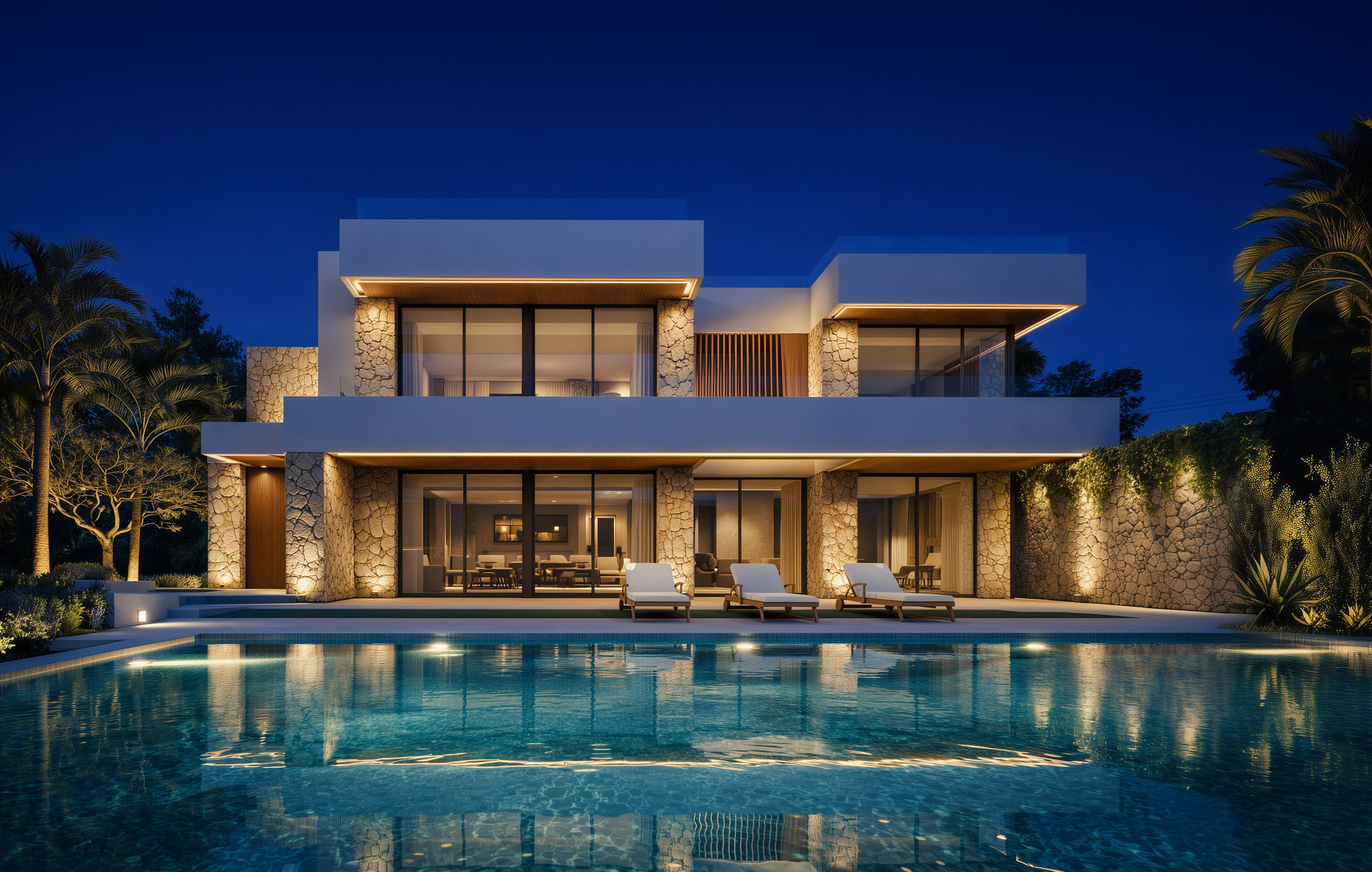 TEJON – symmetrical white villa with stone textures and palm surroundings